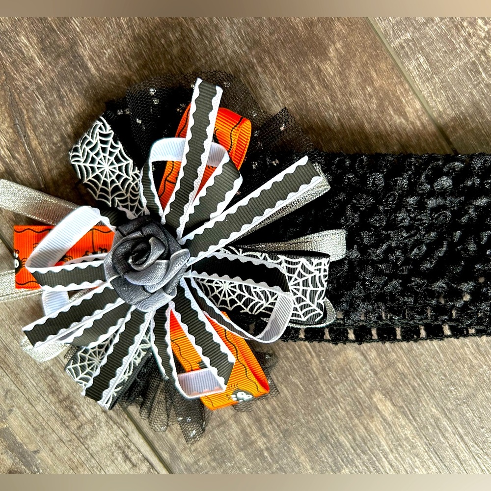 Beautiful, fancy girl’s Halloween, wide, stretch hairband with spider & web bows